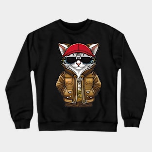 Cool Cartoon Cat in Jacket, Cap, and Sunglasses Crewneck Sweatshirt